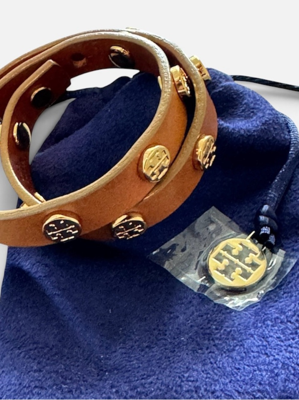 Tory Burch Double Wrap Leather Logo Stud Bracelet Tan Brown Cuff W/ Pouch Bag